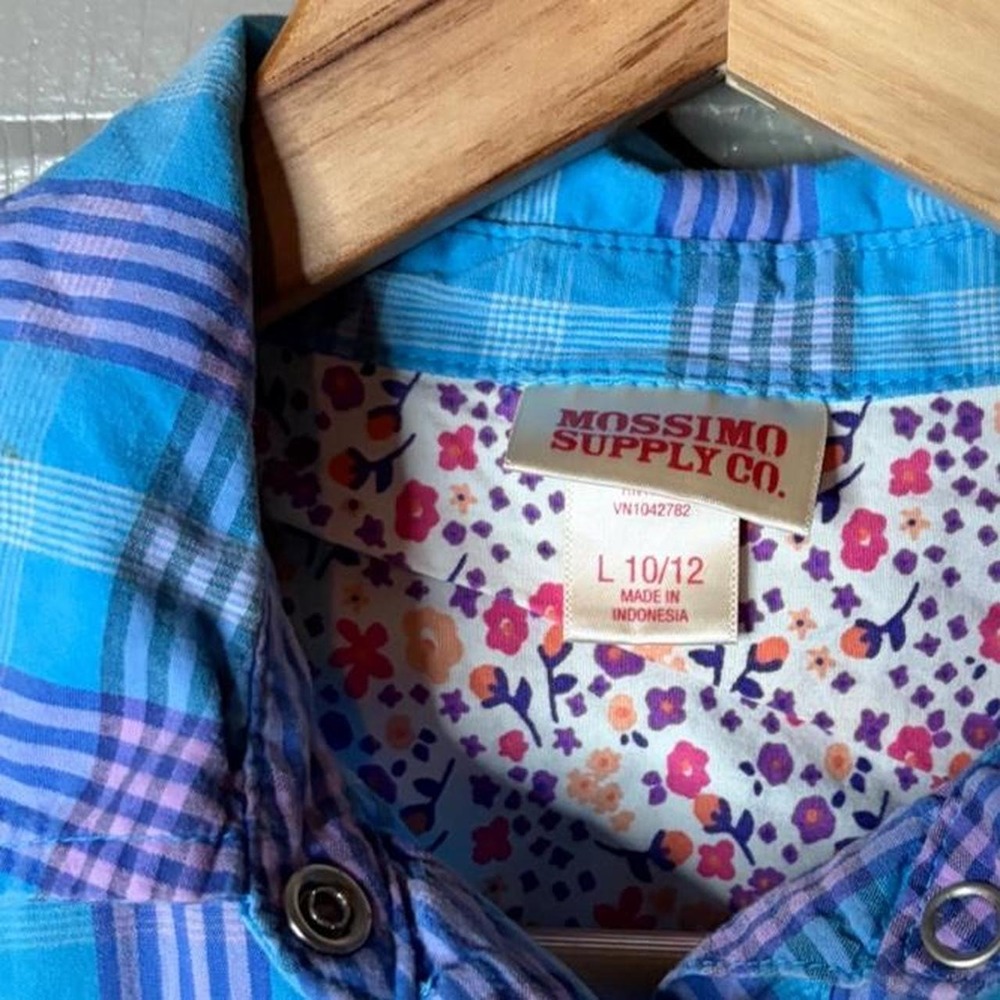 Mossimo Supply Co Blue Plaid Button Up Shirt Long Sleeve Roll Tab Women Size L - Picture 5 of 5